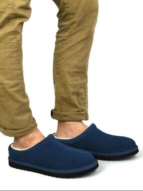 George 13-14 Navy Blue Ivory Genuine Suede Leather Sherpa Lined Slippers